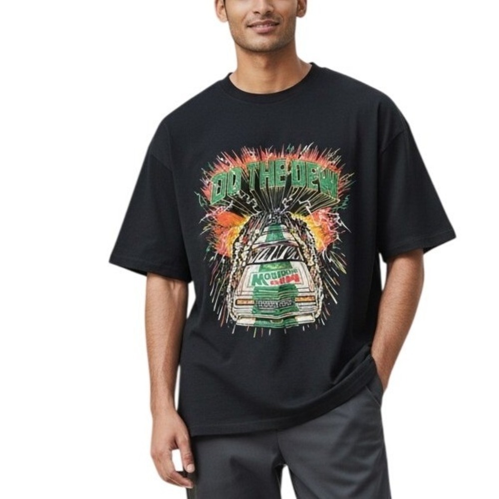 Fruit of the Loom Mountain Dew Graphic‎ T-Shirt Men L Black Cotton Racing Retro